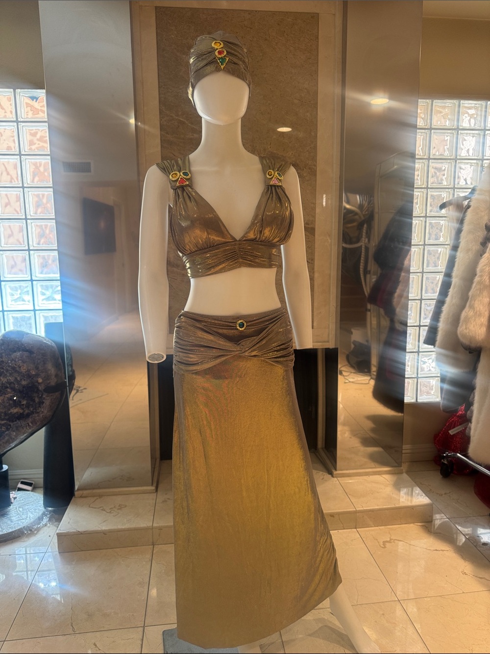 Vintage Style Metallic Gold 4 Piece Set Skirt Bikini Top Turban